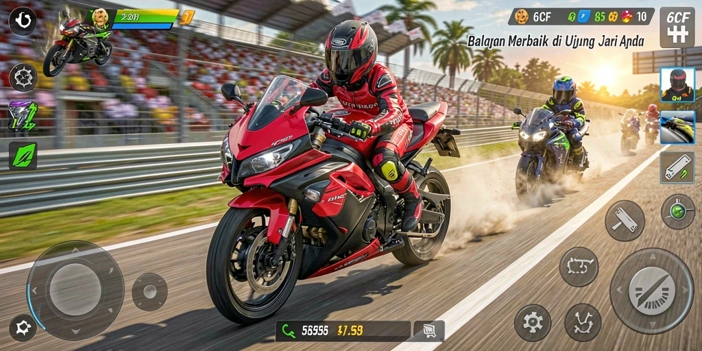 Tampilan gameplay menarik dari 6CF dengan aksi balapan yang intens.