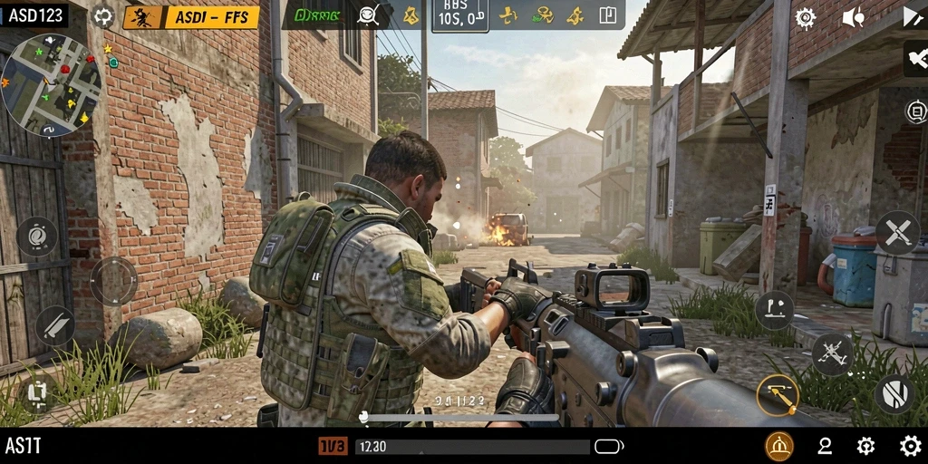Screenshot utama gameplay ASD123 menampilkan aksi mendebarkan di medan perang.