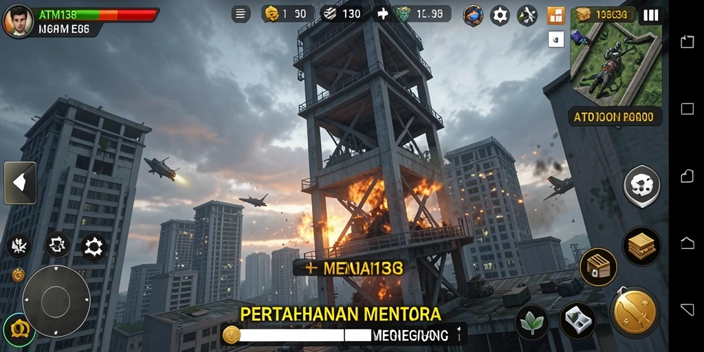 Screenshot dari gameplay menara pertahanan yang intens di ATM138.
