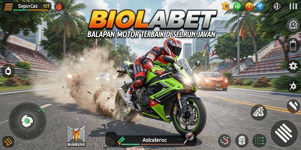 Tampilan gameplay mendebarkan di BIOLABET saat balapan motor.