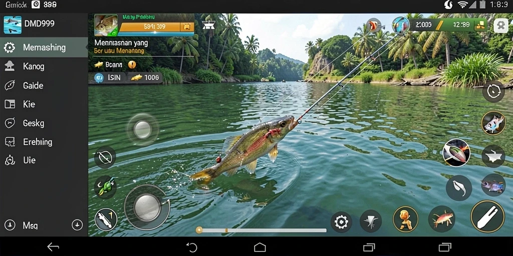 Tampilan gameplay yang menarik dalam DMD999 saat memancing ikan besar.
