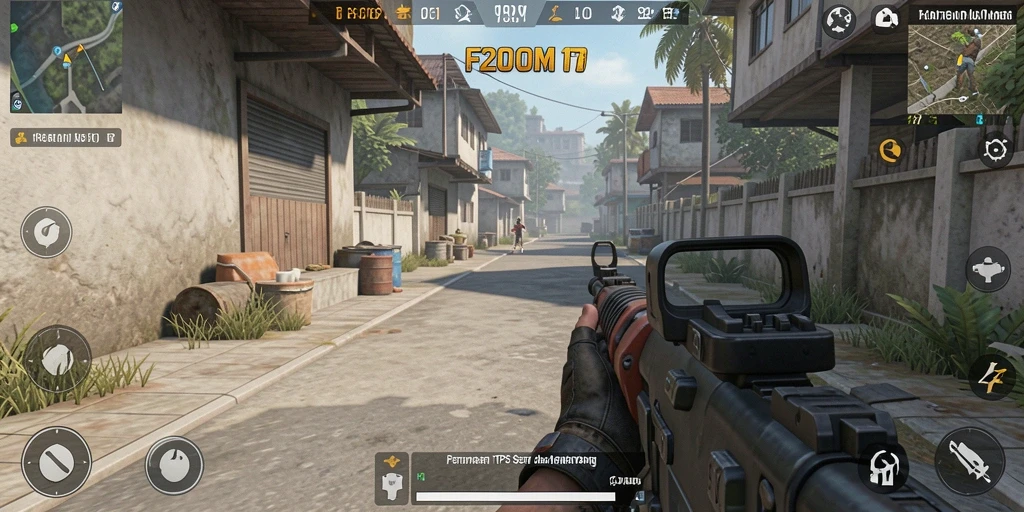 Screenshot gameplay F200M dengan aksi tembak-menembak yang intens.