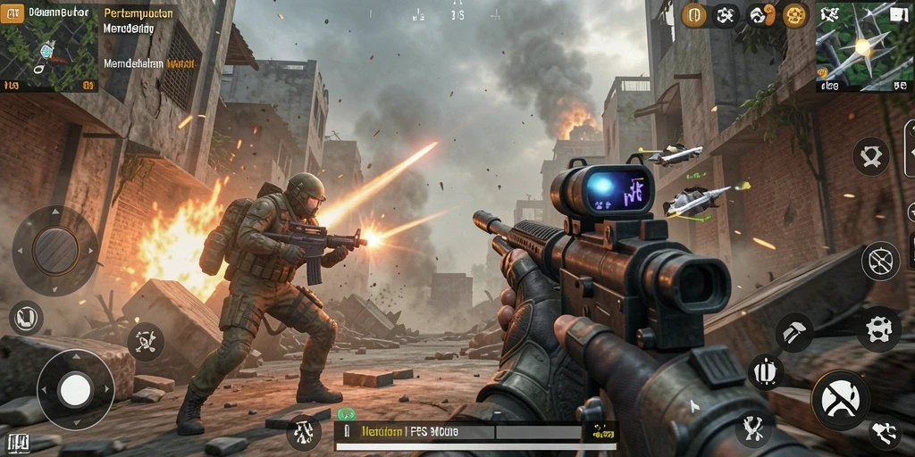 Screenshot ID098 menunjukkan aksi gameplay menegangkan dalam pertempuran FPS.
