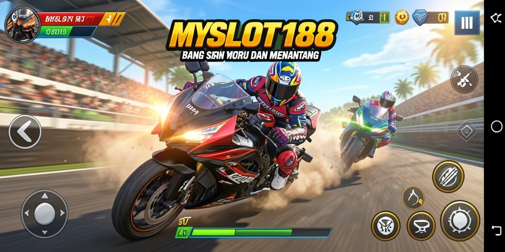 Screenshot gameplay <strong>MYSLOT188</strong> menampilkan balapan motor yang intens dan grafis memukau.