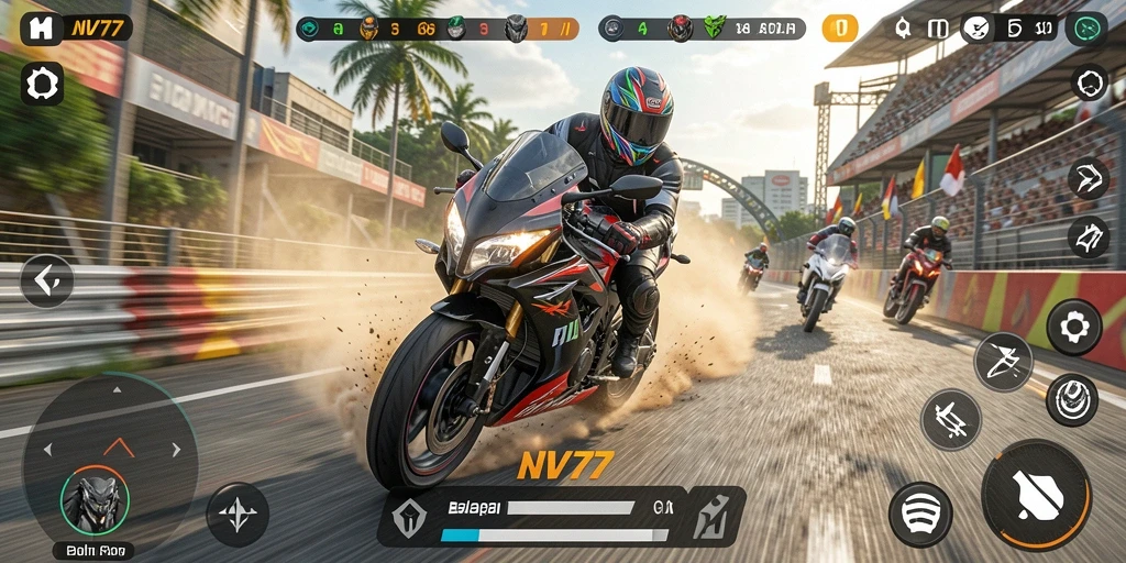 Screenshot gameplay NV77 yang menunjukkan aksi balapan motor.