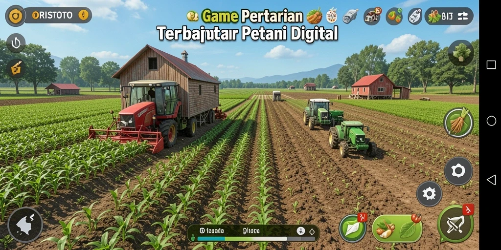 Gameplay ORISTOTO yang menampilkan petani dan ladang yang subur.