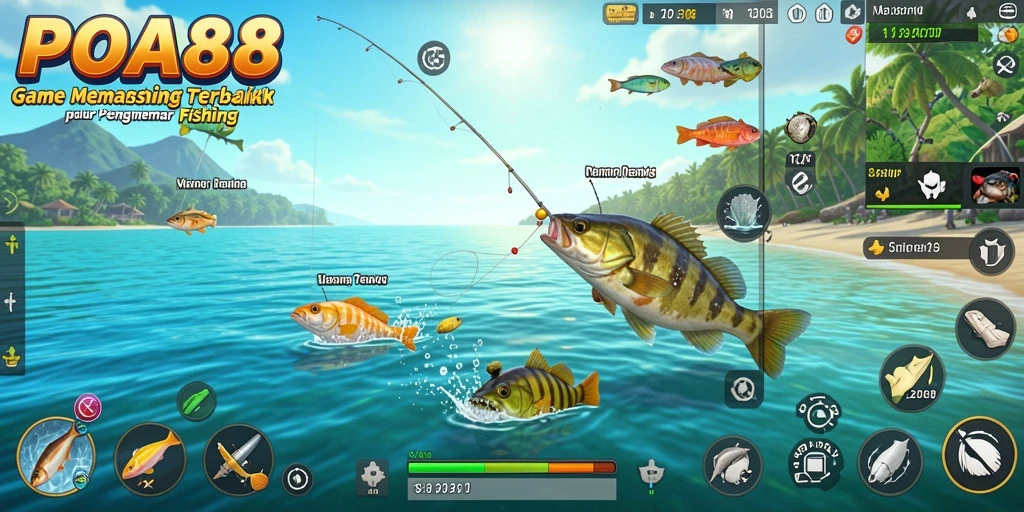 Screenshot gameplay POA88 menampilkan keseruan memancing ikan di tempat yang indah.