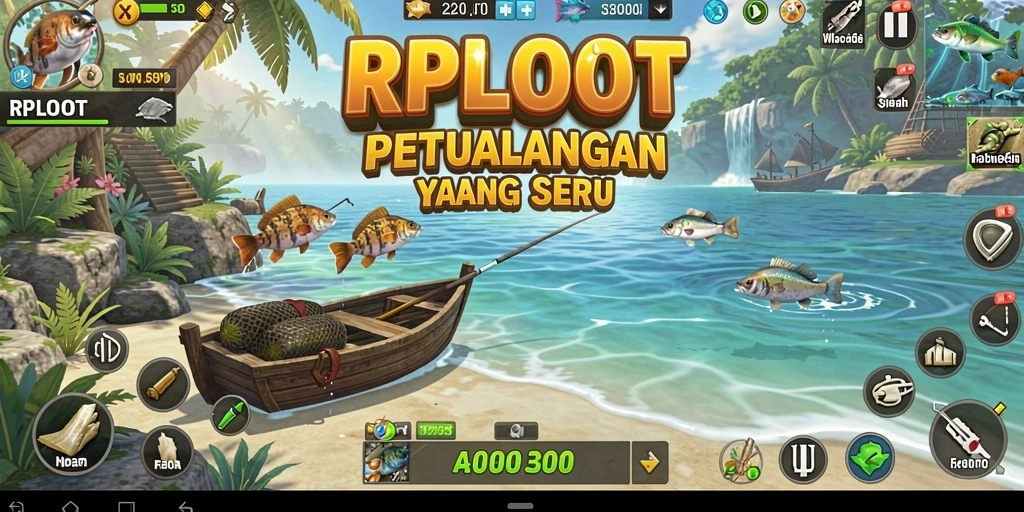 Tampilan gameplay RPLOOT saat menangkap ikan dengan peralatan lengkap.
