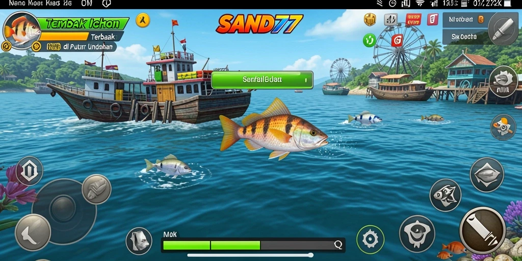 Tangkapan layar gameplay SAND77 menampilkan grafik indah dan ikan berwarna-warni.