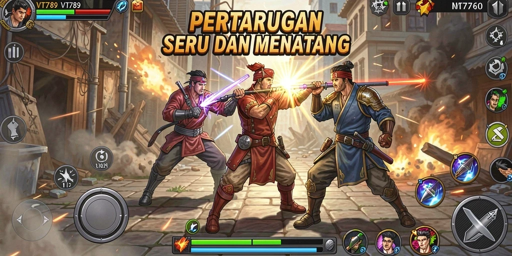 Tampilan gameplay menegangkan dengan karakter bertarung di arena.